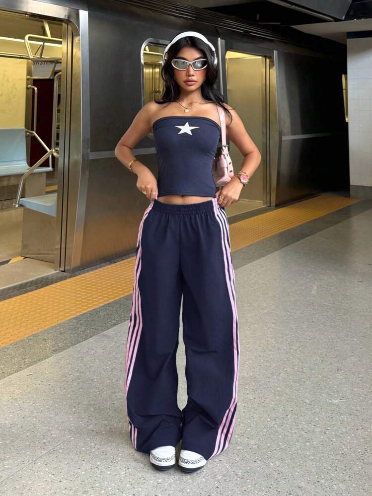 Muchica 女式海军蓝松紧腰侧条纹阔腿宽松休闲工装裤 - 藏蓝色 - 查看 4