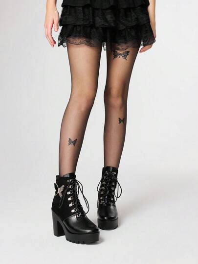 Kawaii Women's Gothic Style Round Toe Chunky Heel Platform Punk Boots, Suede & PU Leather Patchwork, Black High Heel Boots Suitable For Party, Daily Wear, Evening Dress, Height Increasing And Leg Lengthening