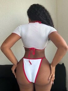 Alexandranx 3 件套女士夏季冲浪服装套装：樱桃印花细肩带比基尼，透视网眼罩衫短袖圆领上衣针织泳装海滩度假 - 紅白色 - 查看 2