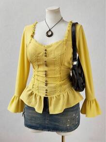 Flirla 大码女式浪漫扎染花卉蕾丝边纽扣衬衫 - 黃色 - 查看 5