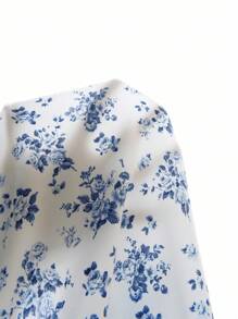 Elenzga Plus Size Women's Elegant Lantern Sleeve Split Thigh Ditsy Floral Crossed V-Neck Maxi Dress Fall Cloth For Women - Blue and White - View 9