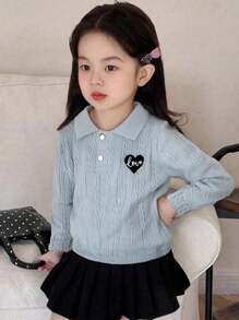 Genkimix Kids Young Girl Casual Long Sleeve Textured Fabric Embroidered Heart Polo Neck Sweatshirt - Grey - View 4