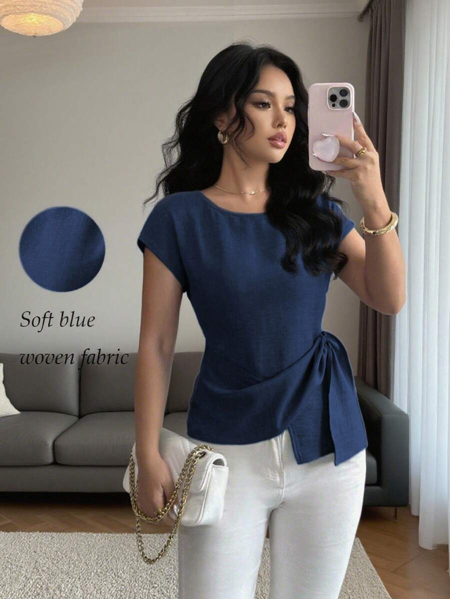 Selianne Casual Commuting All-Match Vacation Simple Loose Round Neck Bat Short Sleeve Asymmetrical Hem Design Soft Texture Material Blue Women's Shirt Summer Tops Women's Summer Clothing Summer Shirt Summer Clothes Women's Elegant Tops - Navy Blue - View 1