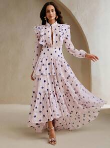 Anewsta Polka Dot Ruffle Hem Skirt, Suitable For Spring/Summer Vacation - Pink - View 3