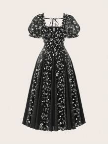 SHEIN MOD Robe longue à manches bouffantes avec ourlet asymétrique et imprimé floral de style rétro élégant pour grande taille, robes élégantes pour fête, robe d'anniversaire pour femmes, fête, Halloween