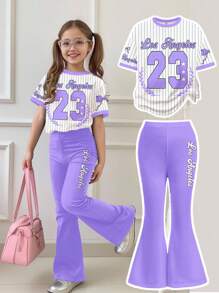 SHEIN Leap Crew 2 件套青少年女孩休闲宽松蝴蝶结条纹字母印花短款上衣和喇叭裤套装，适合夏季 - 白色 - 查看 3