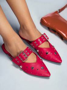 CUCCOO GRLICON Fashionable Metal Leather Belt Buckle Rivet Red Sandals - Red - View 6