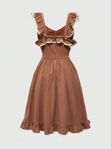 ROMWE Fairycore Váy midi họa tiết bèo nhún màu bí ngô, chất liệu vải lanh phong cách mộc mạc, phù hợp cho lễ Halloween, mùa thu - màu nâu - Xem 4