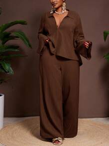 Veslaya 2025 New Spring/Fall Solid Color Jam Color V-Neck Solid Shirt With Flared Sleeves And Wide Leg Pants Set,Fall Clothes For Women - Brown - View 9
