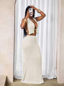 BamGleam 时尚秋季女士夏季度假纹理金属装饰镂空露背吊带上衣和半身裙套装 - 杏色 - 查看 4