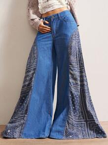 Bohemela 女式复古休闲度假拼布印花阔腿牛仔裤 - 藍色 - 查看 4