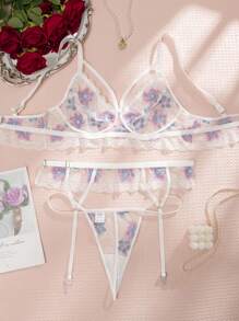 SHEIN Plus Size Romantic Floral Lace Patchwork Wireless Lingerie Set, 3pcs - White - View 2