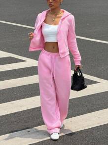 Muchica 女士粉色秋装，全新 2 件套开学服装，休闲百搭字母印花连帽衫和运动裤两件套哥特式服装