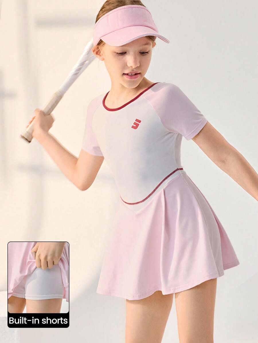 JNSQ Back To School Tween Girl Sporty Short Sleeve Dress, Kids' Color Block Round Neck Outdoor Sports Short Sleeve Dress, Suitable For Autumn Daily Wear, Outdoor Activities, Vacation, Streetwear, Party And Leisure - Red and White - View 1