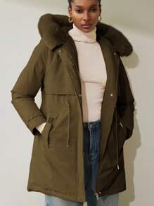 Aveloria Modichic 女士休闲纯色抽绳腰仿毛领连帽加厚棉服外套，冬装 - 咖啡棕 - 查看 3