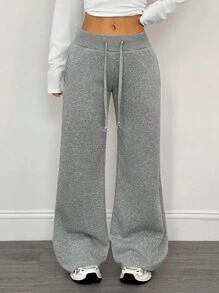 SHEIN PETITE Comfortable And Casual Plain Knitted Low Waist Wide Leg Women's Sports Pants With Fleece For Warmth In Autumn And Winter Winter Sweatpants Wide Leg Sweatpants Fleece Sweatpants Flare Sweatpants Sweatpants For Women - Grey - View 3