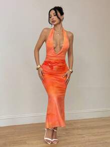 SHEIN PETITE Đầm Maxi Bodycon hở lưng gợi cảm, cổ khoét sâu chữ V, thắt nơ, hở lưng, trang trí dây xích, hẹn hò lãng mạn mùa xuân/hè cho nữ - trái cam - Xem 4