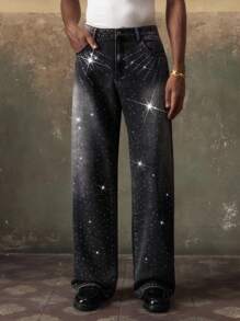 AKNOTIC Celana Jeans Panjang Pria Kasual Longgar Bahan Tenun, Pakaian Sehari-hari, Gaya Grunge - Hitam - View 3