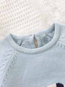 SHEIN 1 件蓝色男婴连体衣，可爱小狗提花图案，圆领长袖连体衣