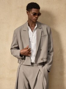 AKNOTIC 2pcs Business Casual Men's Fashion Loose Woven Khaki Regular Shoulder Fitted Short Suit Blazer Set, Suitable For Summer, Autumn, Vacation, Wedding, Party, Graduation Gift - Khaki - View 2