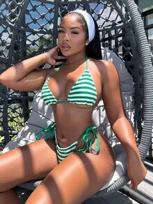 Alexandranx Women's Summer Beach Striped Halter Tie Sexy Bikini Swimsuit Set - Green - View 6