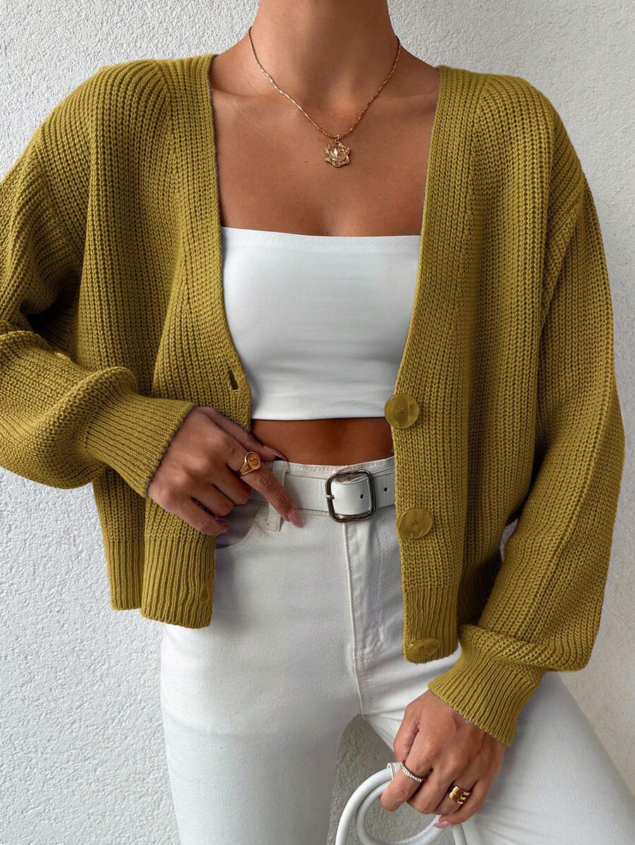 SHEIN Cottnline Women's V-Neck Button Down Cardigan - Olive Green - View 1