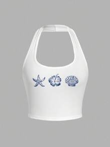 Teen Girls' Casual Minimalist Spaghetti Strap Camisole, Suitable For Summer, Ocean Theme Prints: Seashell, Starfish, Hibiscus Flower - Multicolor - View 3