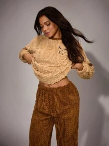 Women 2pcs Colorblock Striped Star Embroidered Long Sleeve Top & Fleece Pants Lounge Set Cozy Outfit, Fall/Winter Clothes - Multicolor - View 1