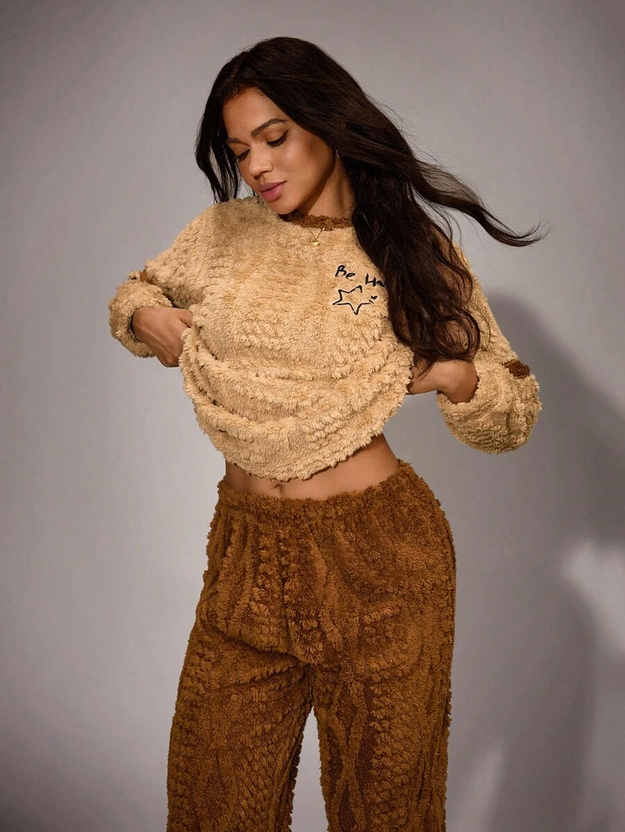 Women 2pcs Colorblock Striped Star Embroidered Long Sleeve Top & Fleece Pants Lounge Set Cozy Outfit, Fall/Winter Clothes - Multicolor - View 1