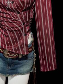 SHEIN ICON Women's Red Striped Oblique Placket Waist Ruched V-Neck Long Sleeve Casual Vacation Sexy Blouse Western Blouses