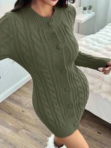 EURMUSE Robe pull moulante en tricot torsadé avec col en fourrure de Noël - Militaire verte - Voir 7