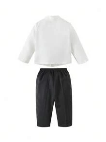 2pcs/Set Baby Boy Gentleman Outfit, White Blazer Jacket With Chest Flower Decor And Black Pants, Comfortable, Versatile, Classic Retro British Style, Suitable For Indoor, Outdoor, Daily, Sports, Play, Party, Photo Shoot, Holiday, Festival, Wedding, Baby Shower, Christening, 1st Birthday Tuxedo Suit Baby Boys Formal Wear White Blazer For Baby Boy, In Fall/Winter - Black and White - View 2