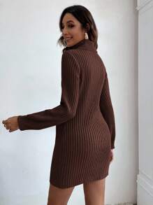 EURMUSE Solid Color Turtleneck Knit Dress, Casual Elegant For Fall/ Thanksgiving Office Dark Brown - Brown - View 3