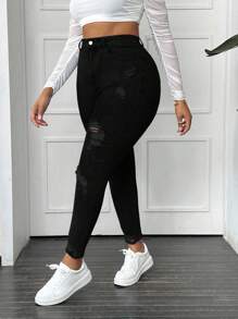 Slaydiva Pantalones Vaqueros Rotos Entallados Para Mujer De Talla Grande - Negro - Ver 5