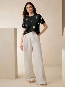 Anewsta Camiseta holgada casual con flores hechas a mano con cuentas para mujer