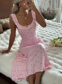 CottageSlumber 女式碎花睡袍，荷叶边领，可爱舒适的长裙 - 粉色 - 查看 5