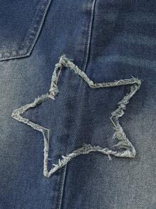 Tween Girls Y2K 休闲松紧腰星星刺绣水洗蓝阴影磨损下摆阔腿宽松百搭百搭日常穿着四季热销直筒牛仔裤，街头服饰 - 中等水洗藍 - 查看 5