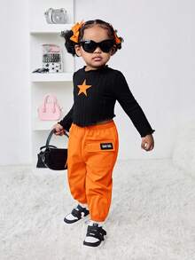 Bubblio Babygirl Cute Black Star Pattern Long Sleeve Top With Elastic Waist Orange Pants 2-Piece Set, Fashionable Outfit For Outings, Autumn/Winter Toddler Orange Outfit Baby 70s Outfit Groovy Toddler Outfit Toddler Black Top Orange Pants Baby Girl Outfits Fall - Multicolor - View 4