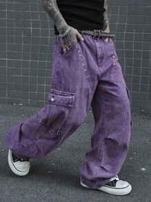 Manfinity Roghcode Celana Jeans Kargo Pria Ukuran Besar Motif Bunga Ungu, Potongan Lebar, Gaya Anak Muda, Modis dan Bergaya, Cocok untuk Pesta, Jalan-jalan, Makan Malam, Musim Panas, Gaya Vintage Y2K - Purple - View 1