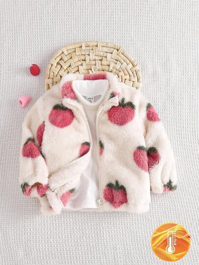 SHEIN 女婴加厚毛绒外套，加厚保暖内里，蜜桃水果印花，甜美可爱，韩版休闲宽松，适合日常穿着，冬季保暖，秋季新品