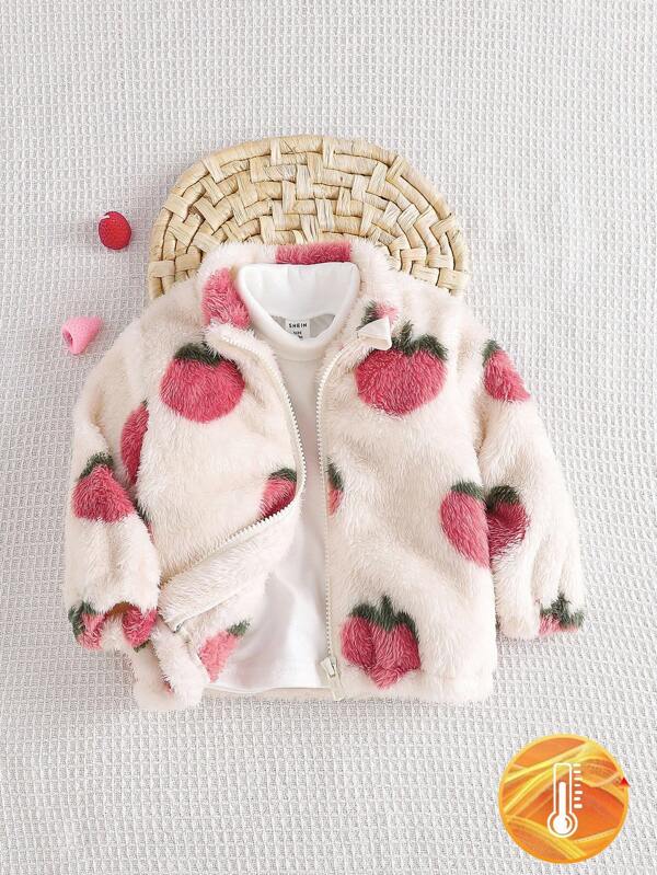 SHEIN 女婴加厚毛绒外套，加厚保暖内里，蜜桃水果印花，甜美可爱，韩版休闲宽松，适合日常穿着，冬季保暖，秋季新品
