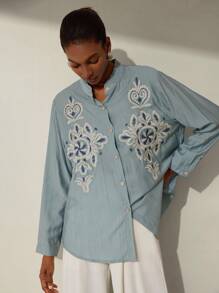 Aveloria Modichic 休闲风格刺绣法式优雅长袖女式衬衫 - 淺藍色 - 查看 4