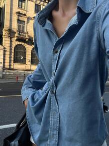 DAZY 秋季法式复古翻领侧扣设计宽松百搭长袖水洗牛仔衬衫、牛仔夹克、秋季女装 - 淺色水洗藍 - 查看 8