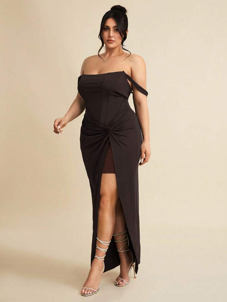 SHEIN BAE 大码女式春夏黑色鱼骨结构裹身前中长连衣裙、扭结前开衩褶饰连衣裙、毕业迷你连衣裙、弹力迷你连衣裙、法式连衣裙、晚礼服、生日礼服、伴娘礼服、优雅日常连衣裙、婚礼宾客礼服、伴娘礼服、派对礼服、紧身胸衣连衣裙 - 咖啡棕 - 查看 6