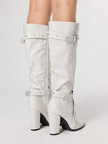 ROMWE Grunge Punk Giày bốt cao đến đùi mũi nhọn gót dày mới 2025 dành cho nữ, giày bốt cưỡi ngựa đa năng chống trượt có dây khóa - trắng - Xem 5