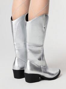 ROMWE Grunge Punk Women's Gothic Punk Rock Silver Pointed Toe V-Cut Western Boots, Chunky Heel Riding Boots, Halloween - Silver - View 5