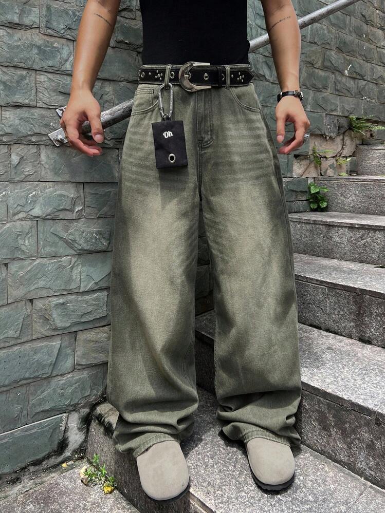 Manfinity EMRG Men's Wide Leg Avant-Garde Green Denim Pants With