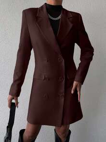 EURMUSE Women's Casual Solid Color Double-Breasted Suit Set - Brown - View 5