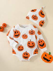 SHEIN 男婴万圣节南瓜脸印花长袖连体衣，带帽子，春秋季，适合万圣节派对 - 彩色 - 查看 3