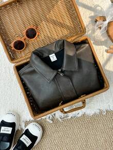 SHEIN Kids/Young Boy Casual Everyday Versatile Comfortable PU Collar Patch Pocket Loose Woven Thick Motorcycle Jacket, Suitable For School, Garden, Beach, Birthday, Spring, Summer, Fall, Winter - Bronze - View 8